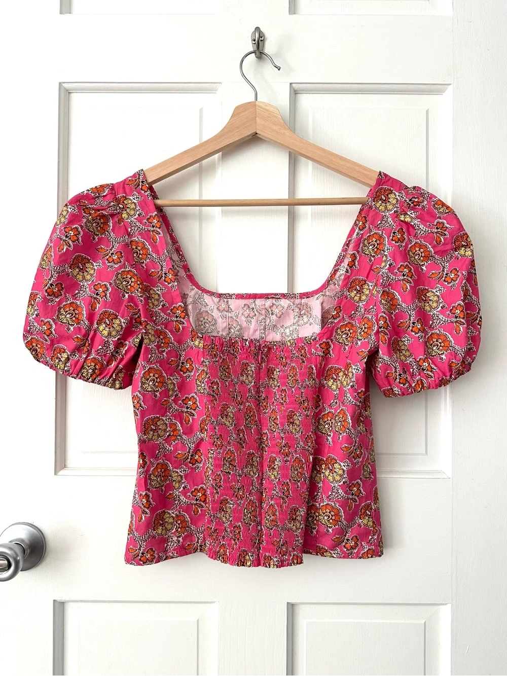 J. CREW Collection Puff-Sleeve Square-neck Top Ratti Pink Cottagecore Size 6